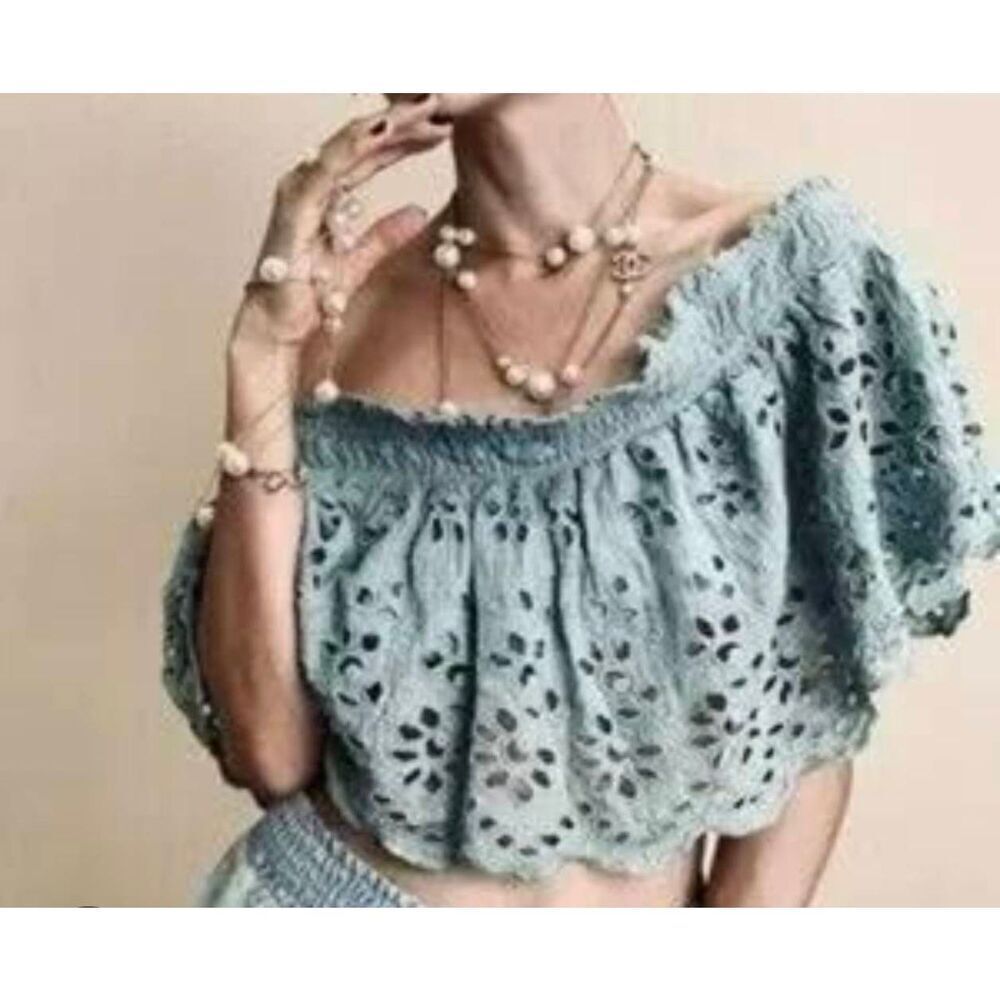 Free People FP One Perla Off-Shoulder Crop Top Light Teal Boho Festival Femme